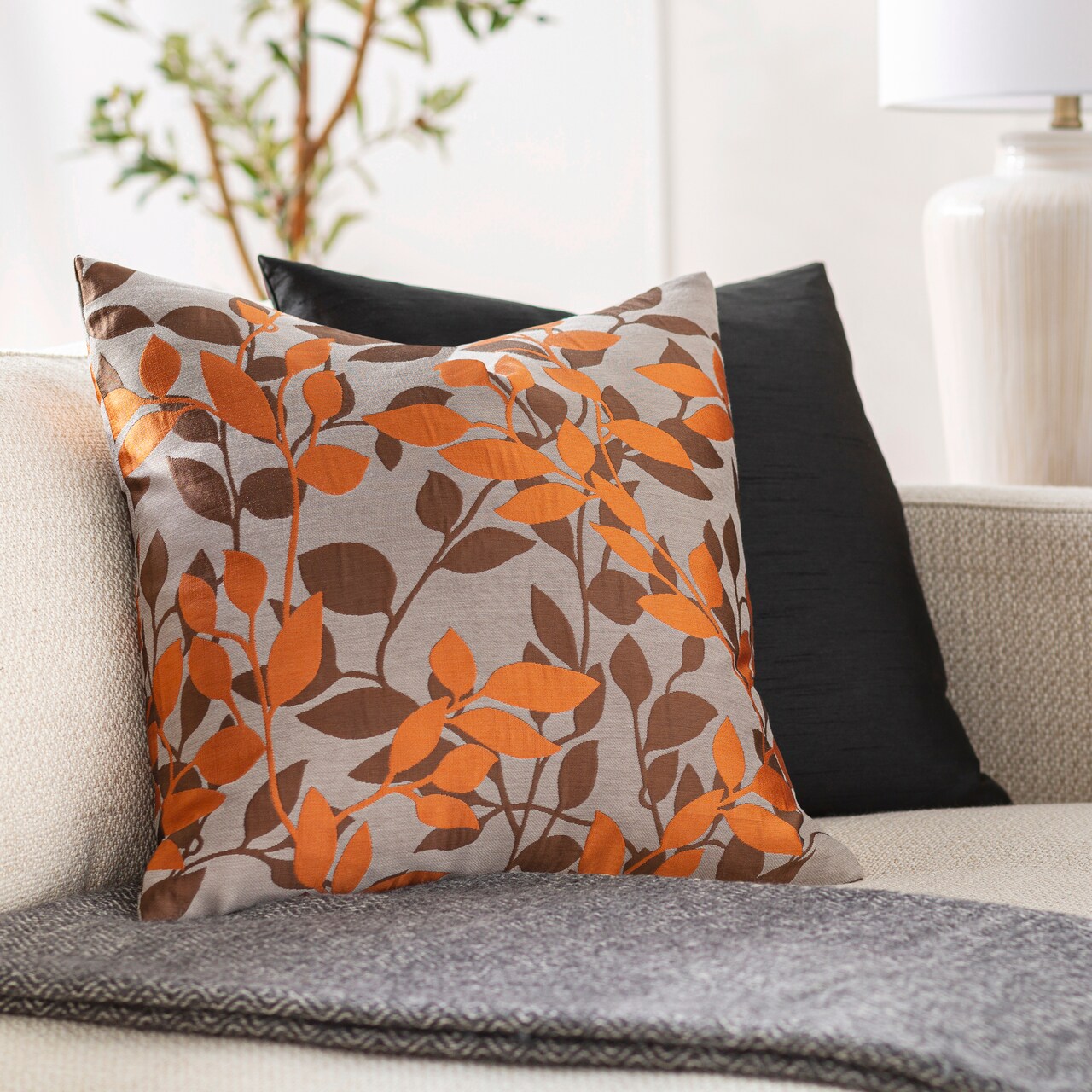 Tiwari Home 22" Orange and Brown Leaves Pattern Woven Square Throw Pillow - Poly Filled